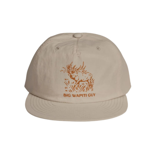 Beige cap with 'Big Wapiti Guy' logo on a white background